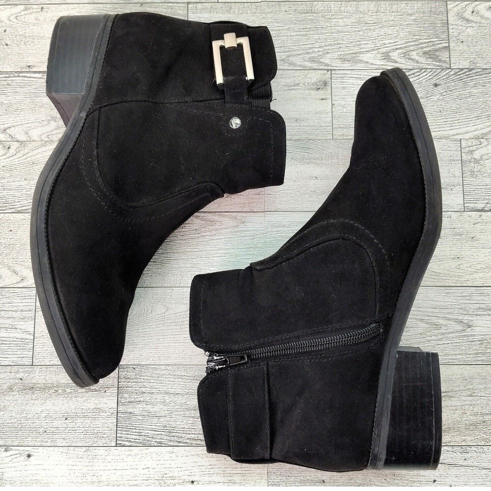 Toetos Black Ankle Boots • 8M Silver Buckle Chic Casual Zip Booties Stylish (F8)